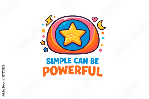 Colorful star emblem with inspiring message 'simple can be powerful' surrounded by symbols