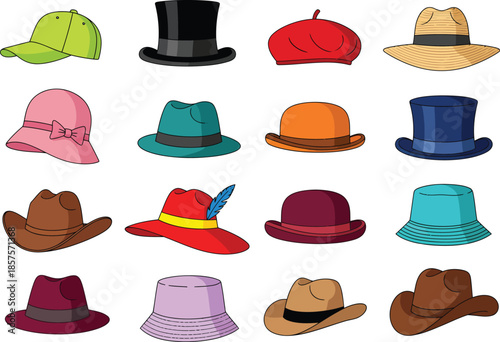 Collection of assorted hats in various styles and colors