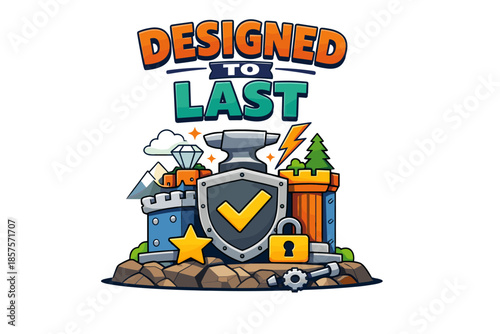 Designed to last - durable emblem with shield, castle, and tools