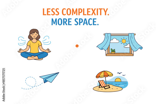 Minimalist living concept with meditation and travel imagery