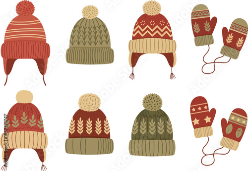 Cozy winter knitted hats and mittens with pom-poms and patterns