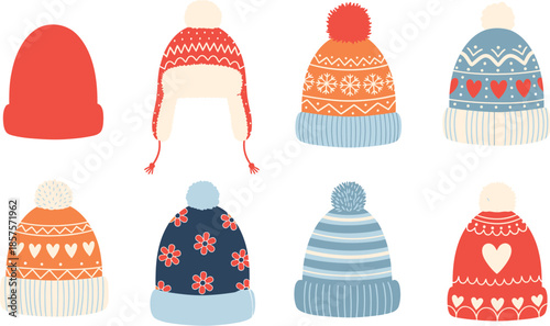 Collection of colorful winter knitted hats with pom-poms and patterns