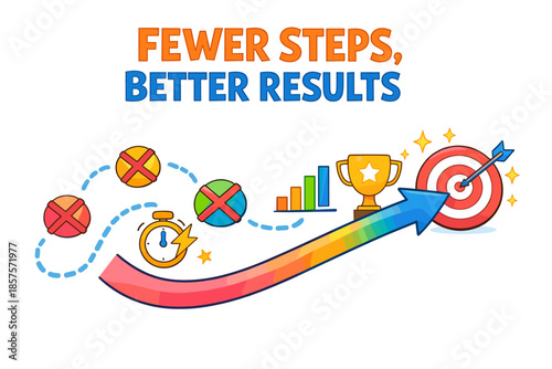 Efficiency concept: fewer steps to achieve better results with colorful arrow and target