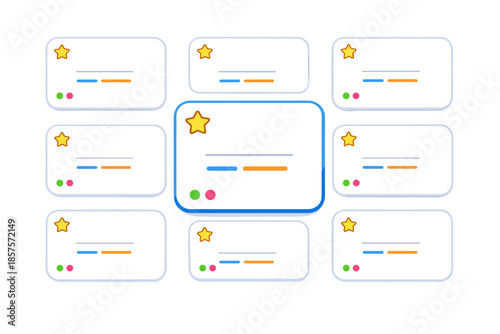 Conceptual infographic of task cards with ratings and status indicators
