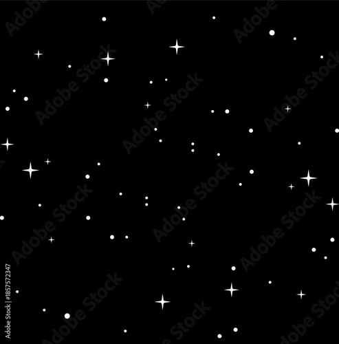 Sparkling white stars and dots on black background vector illustration of clear night sky or outer space.