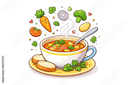 Colorful vegetable soup with fresh ingredients and herbs in a cozy bowl