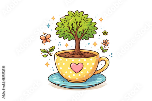Whimsical tree growing in a heart-decorated teacup surrounded by butterflies and flowers