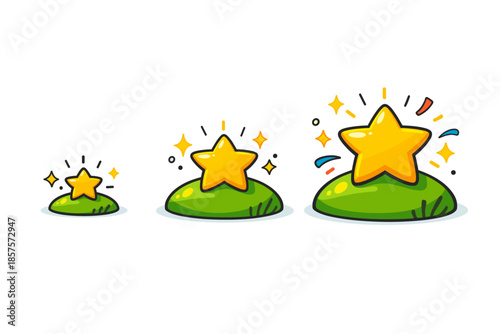 Progression of golden stars on grass in vibrant cartoon style