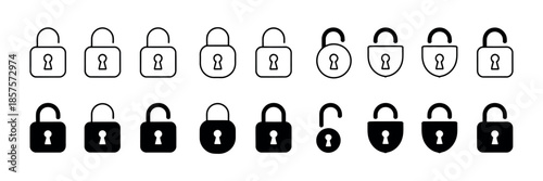 Lock Icons Showing Locked and Unlocked Security Symbols Flat Vector