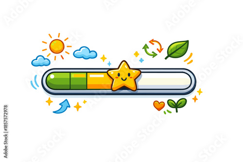 Progress bar with cheerful star and eco-friendly icons on white background