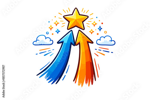 Blue and orange arrows reaching gold star with clouds and sparkles