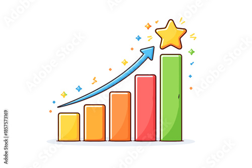 Illustrated bar chart with arrow and star symbolizing growth and success