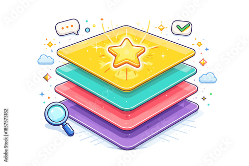 Colorful ui design with layered panels and interactive star icon