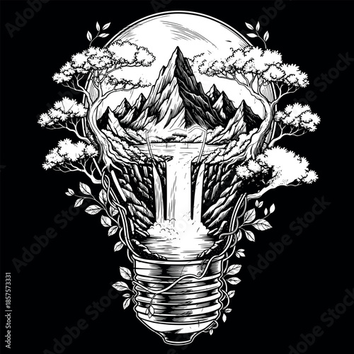 Eco-friendly lightbulb concept art with mountains, trees, and a waterfall