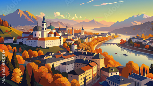 Very beautiful aerial panorama of historic Salzburg in autumn, with the Salzach River winding through the city, golden evening light, colorful foliage, and elegant architecture glowing under a warm su
