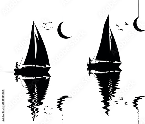 Surreal Silhouette Illustration of a Sailboat at Night with Crescent Moon and Birds Reflected in Still Water