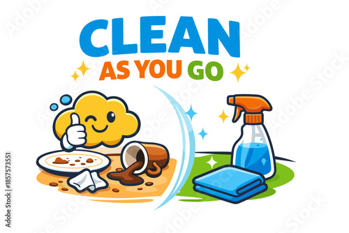 Clean as you go: cartoon cloud promoting tidy habits with coffee and spray bottle