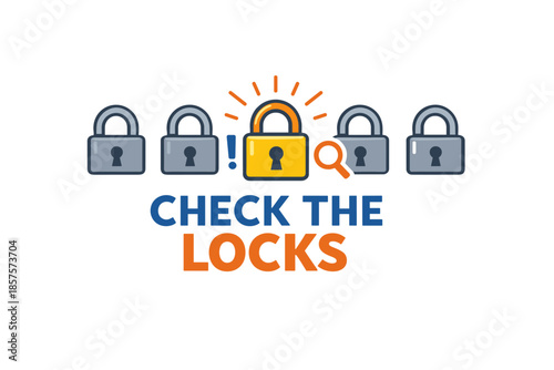 Check the locks graphic with padlocks and magnifying glass for security awareness