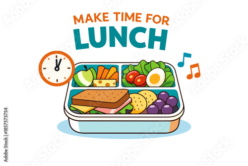 Colorful lunchbox with healthy snack options and clock icon