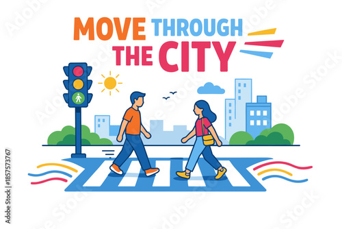 Urban stroll: male and female crossing city street with traffic light and buildings