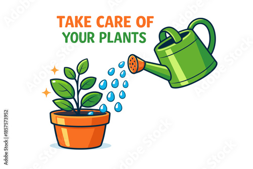 Watering a potted plant with green watering can and encouraging message