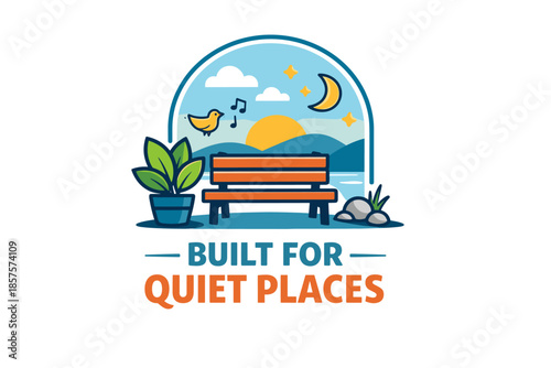 Peaceful garden bench with sunset, bird, and plants in serene landscape