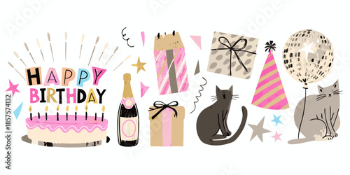 A cheerful birthday celebration with cake gifts champagne and adorable cats