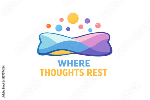 Colorful pillow with floating bubbles and slogan 'where thoughts rest'