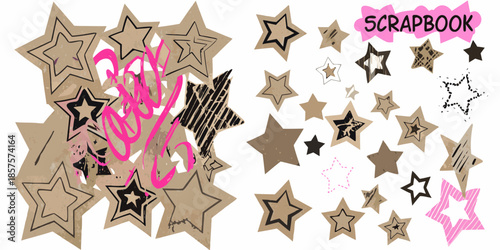 A collection of varied stars and the word scrapbook in pink lettering