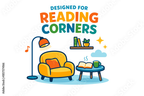 Cozy reading corner setup with armchair, lamp, shelves, and coffee table