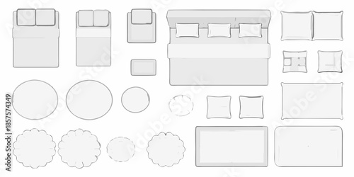 Overhead view displaying furniture arrangement with beds sofas and tables