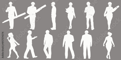 Silhouettes of construction workers in various poses against a gray background