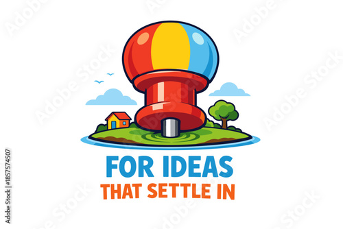 Colorful pin in nature with island scene and house for creative inspiration