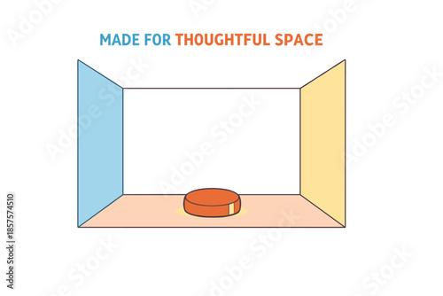 Minimalist interior design with colorful walls and circular central pouf