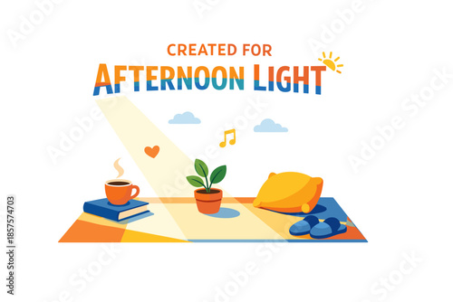 Cozy afternoon scene with coffee, book, and plant on blanket in sunlight