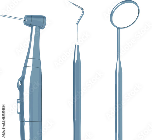 Professional dental tools set including drill mouth mirror and explorer probe vector illustration for dentistry clinic medical equipment design