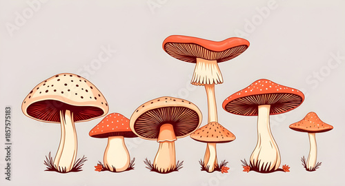 mushroom, fungi, toadstool, wild, edible, forest, nature, organic, fresh, plant, woodland, magic, poisonous, food, cute, cartoon, illustration, vector, colorful, healthy, natural, garden, harvest, coo
