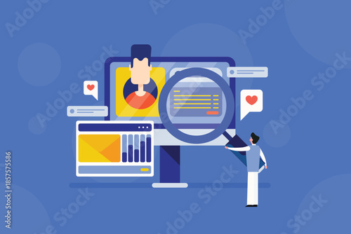 Business people identify influencer marketing workflow, finding creator and collaborating for viral video campaign, brand engagement and message conversion analytics.