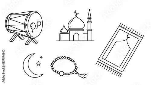 Islamic Ramadan Kareem Line Icon Set, Bedug Drum, Mosque, Prayer Rug, Misbaha Tasbih, and Crescent Moon Vector for Eid Mubarak Design