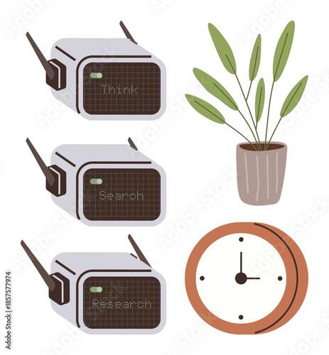 Three vintage-style devices labeled think, search, research, paired with a potted plant and minimalist clock. Ideal for creativity, research, productivity, time management, innovation minimalism