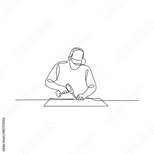 Continuous line drawing of a dj mixing music on turntables