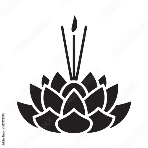 A simple black and white icon of a lotus flower with burning incense
