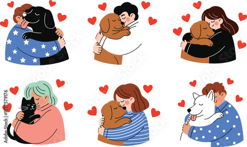 PrintVector illustration set of people hugging their pet dogs and cats with red hearts representing friendship animal care adoption and unconditional love concept.
