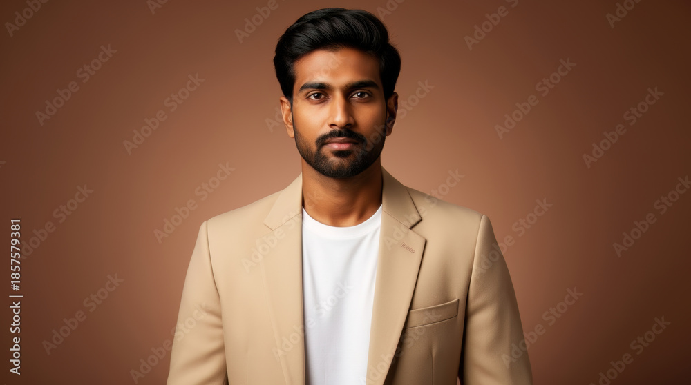 Fototapeta premium Elegant Indian Model in Beige Blazer and White Tee Before Mocha Gradient - Minimalist Professional Portrait