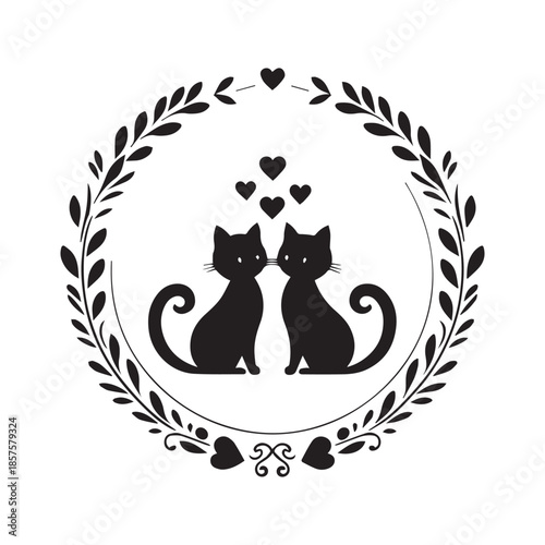 Two adorable black cats in love surrounded by a beautiful floral heart wreath