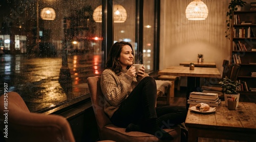 Woman sipping coffee urban rainy night cozy scene intimate viewpoint relaxing ambiance