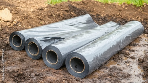 Several rolls of black waterproof sheeting for ground cover sit on the soil outdoors