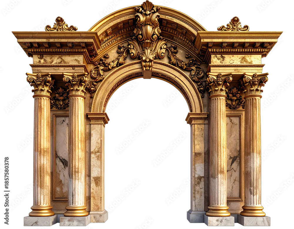 Naklejka premium Ornate gold-toned archway with detailed carvings, columns, and a marble base