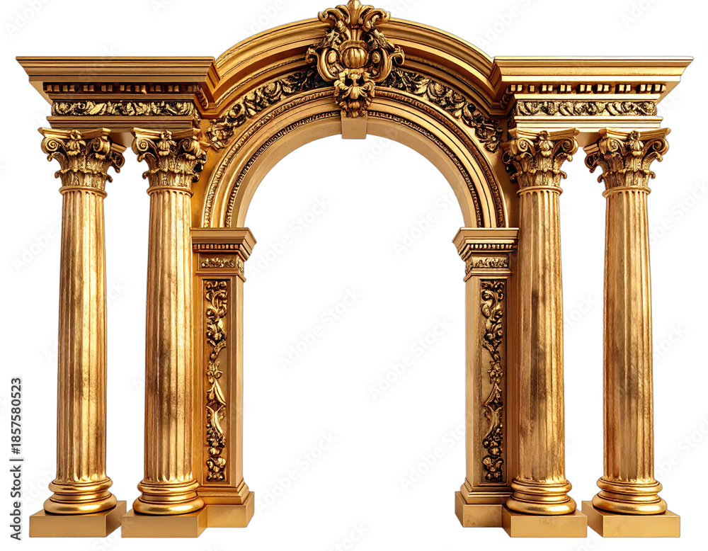 Naklejka premium Ornate golden archway with classical columns, intricate carvings, and elaborate detailing