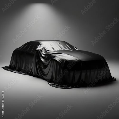 Mysterious Black Sports Car Draped in Satin Fabric, High-End Studio Spotlight Reveal, Luxury Performance and Elegance Unveiled